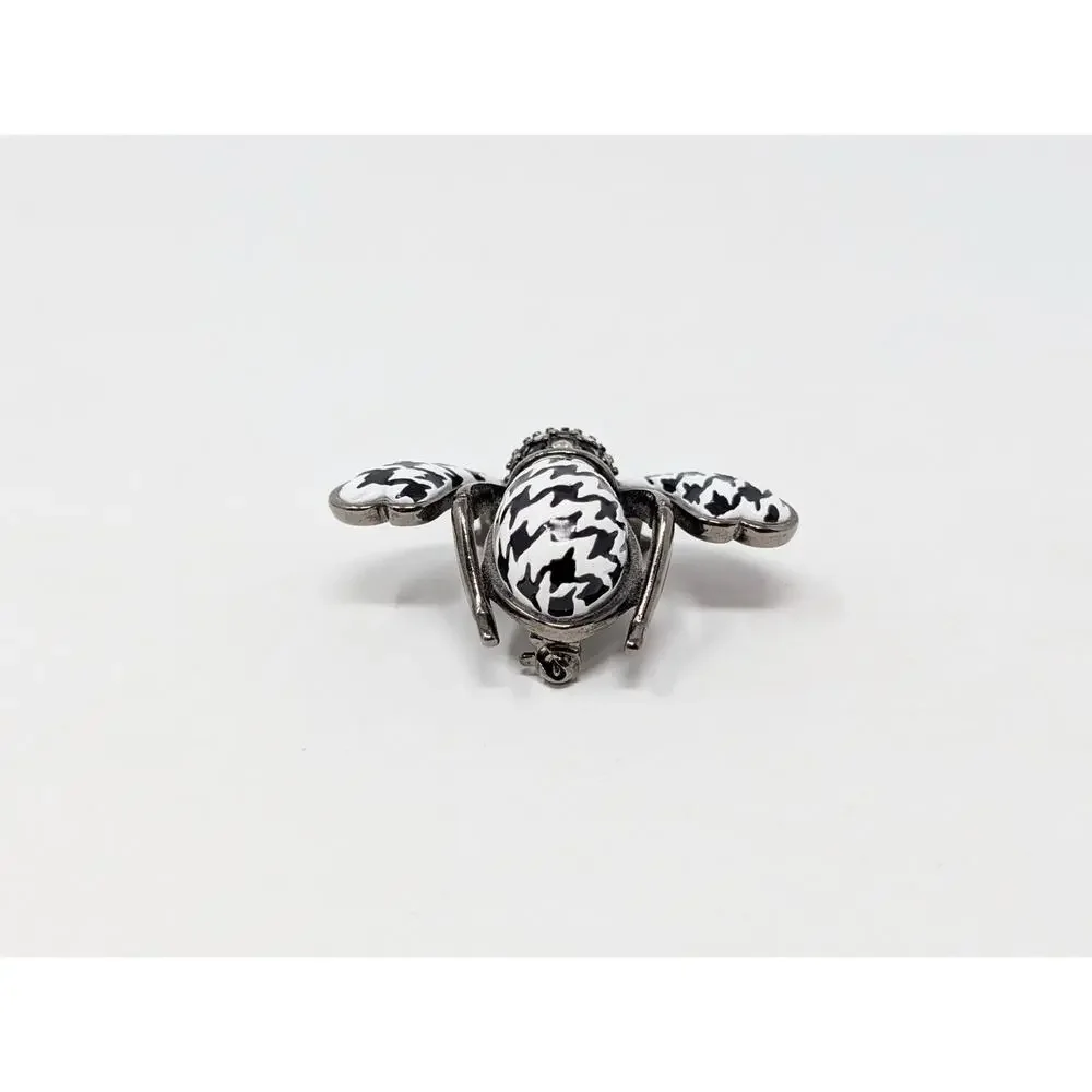 Joan Rivers Bee Brooch Houndstooth Black White Plaid Enamel Signed